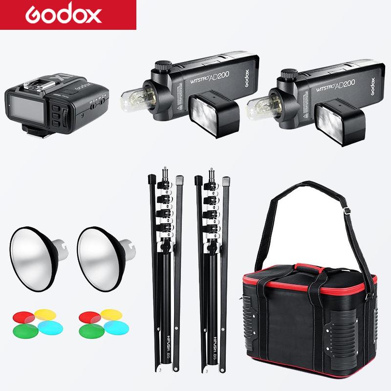 GODOX 2x AD200 TTL 2.4G HSS Flash Light + X1 Trigger + 2x AD-M Standard Reflector + 2x Collapsible Light Stand + Carry Barry