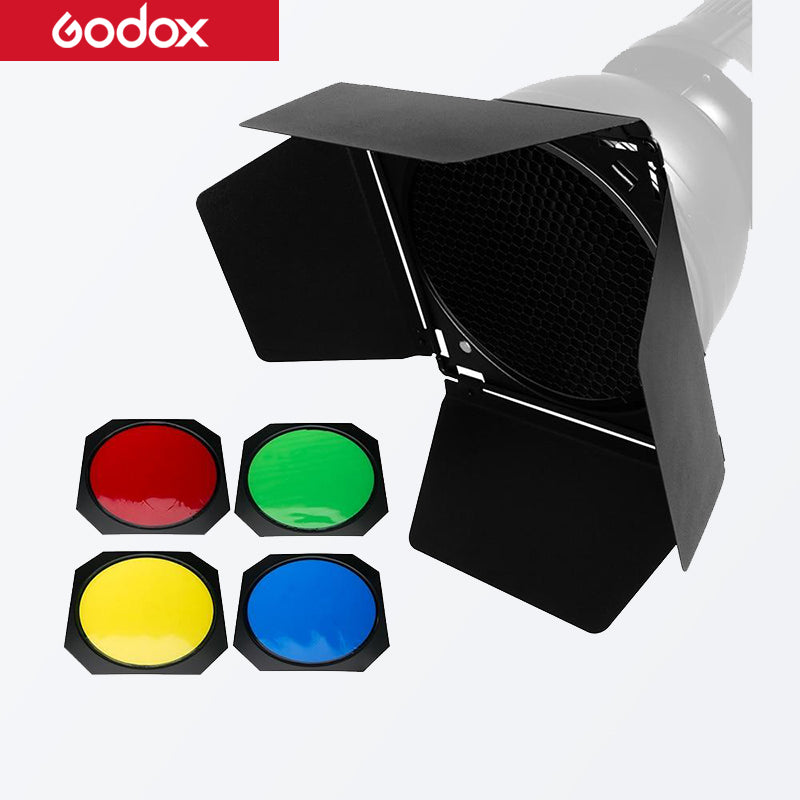 Godox BD-04 Barn Door + Honeycomb Grid + 4 Color Filter for Standard Reflector