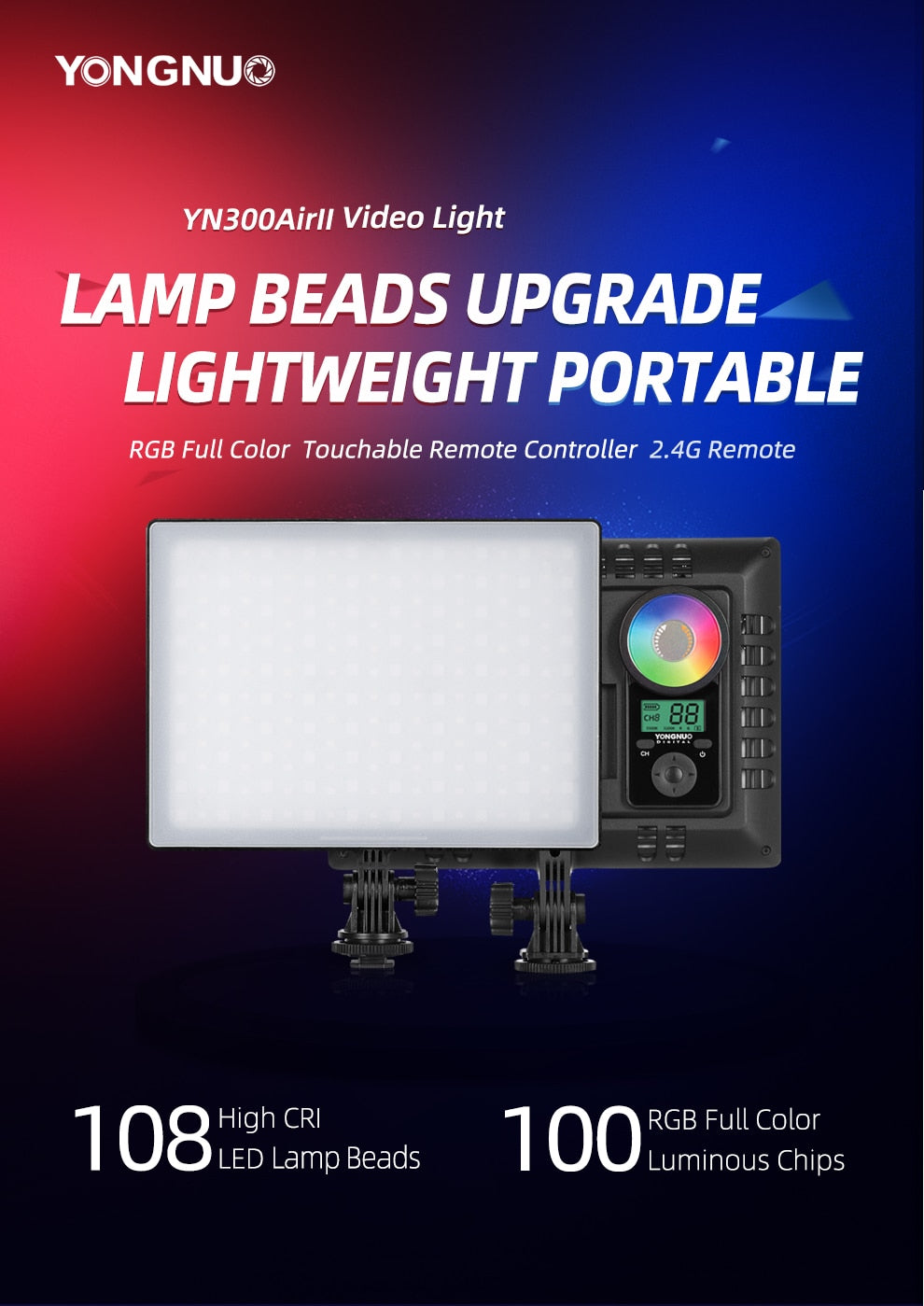 YONGNUO YN300AIR II RGB LED Camera Video Light,Optional Battery with Charger Kit Photography Light + AC adapter