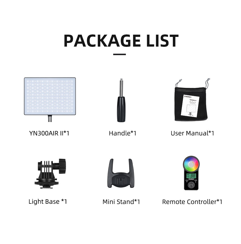 YONGNUO YN300AIR II RGB LED Camera Video Light,Optional Battery with Charger Kit Photography Light + AC adapter