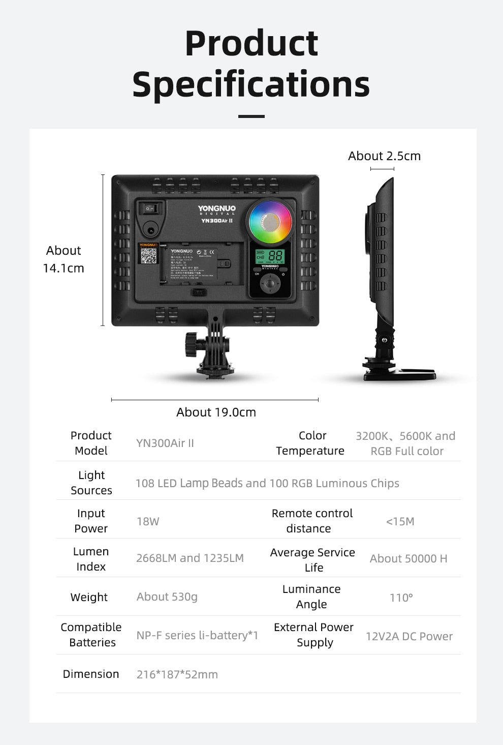 YONGNUO YN300AIR II RGB LED Camera Video Light,Optional Battery with Charger Kit Photography Light + AC adapter