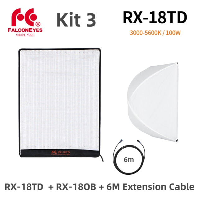 Falcon Eyes 100W LED Photo Video Light Portable LED Photo Light 504pcs Flexible LED Light RX-18TD with Diffuser + Light Stand