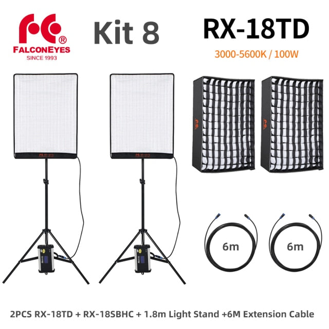 Falcon Eyes 100W LED Photo Video Light Portable LED Photo Light 504pcs Flexible LED Light RX-18TD with Diffuser + Light Stand