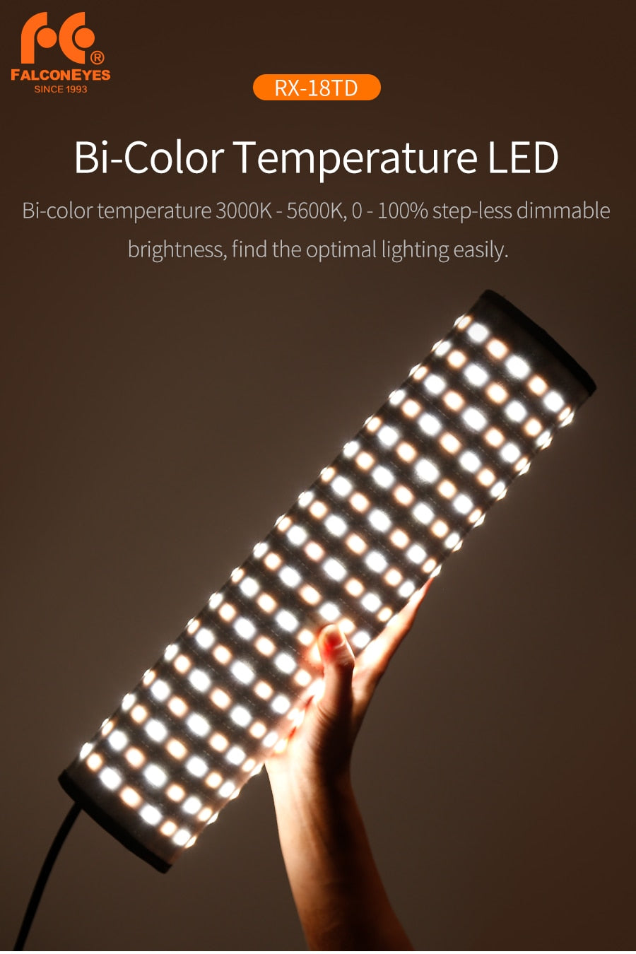 Falcon Eyes 100W LED Photo Video Light Portable LED Photo Light 504pcs Flexible LED Light RX-18TD with Diffuser + Light Stand