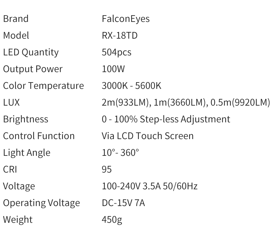 Falcon Eyes 100W LED Photo Video Light Portable LED Photo Light 504pcs Flexible LED Light RX-18TD with Diffuser + Light Stand