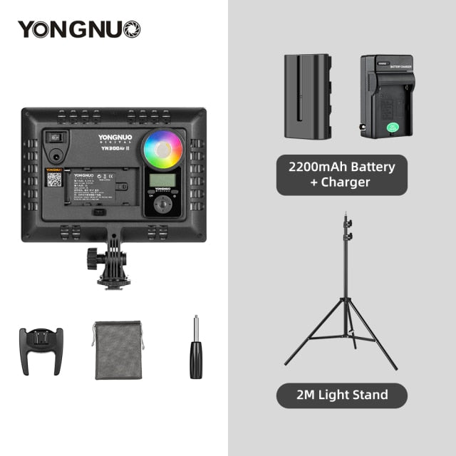 YONGNUO YN300AIR II RGB LED Camera Video Light,Optional Battery with Charger Kit Photography Light + AC adapter