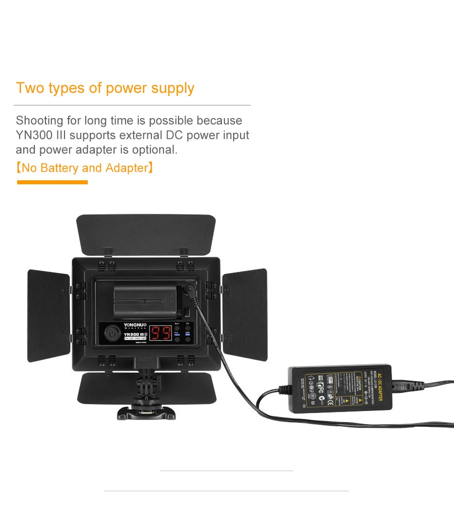 Yongnuo YN300 III YN300III 3200k-5500K CRI95 Camera Photo LED Video Light Optional with AC Power Adapter + NP770 Battery KIT