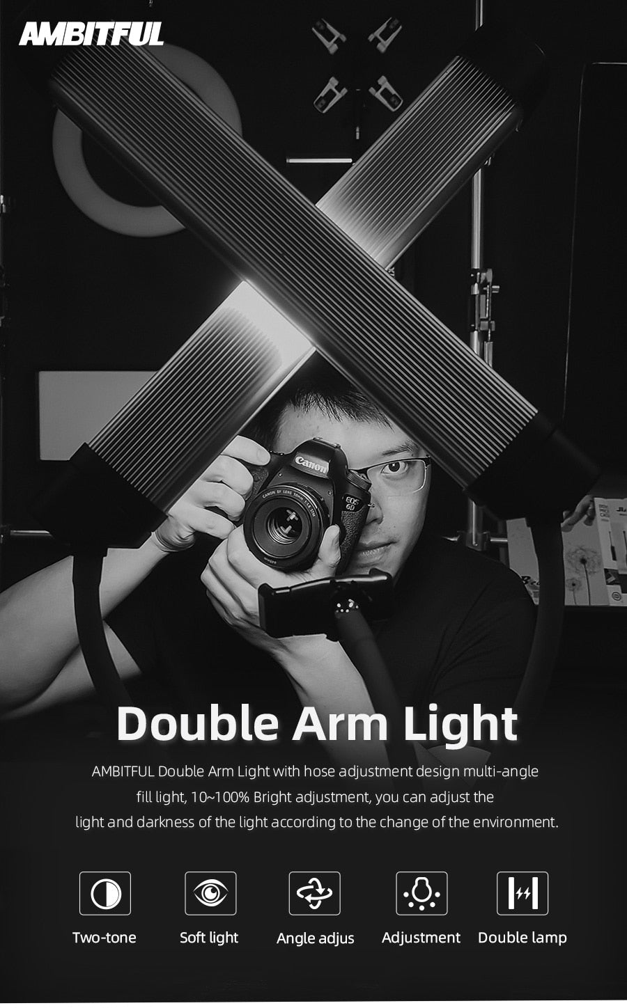 AMBITFUL AL-20 3000K-6000K 40W Double Arms Fill LED Light Long Strips LED Light with LCD Screen for Photo Studio Live Broadcast