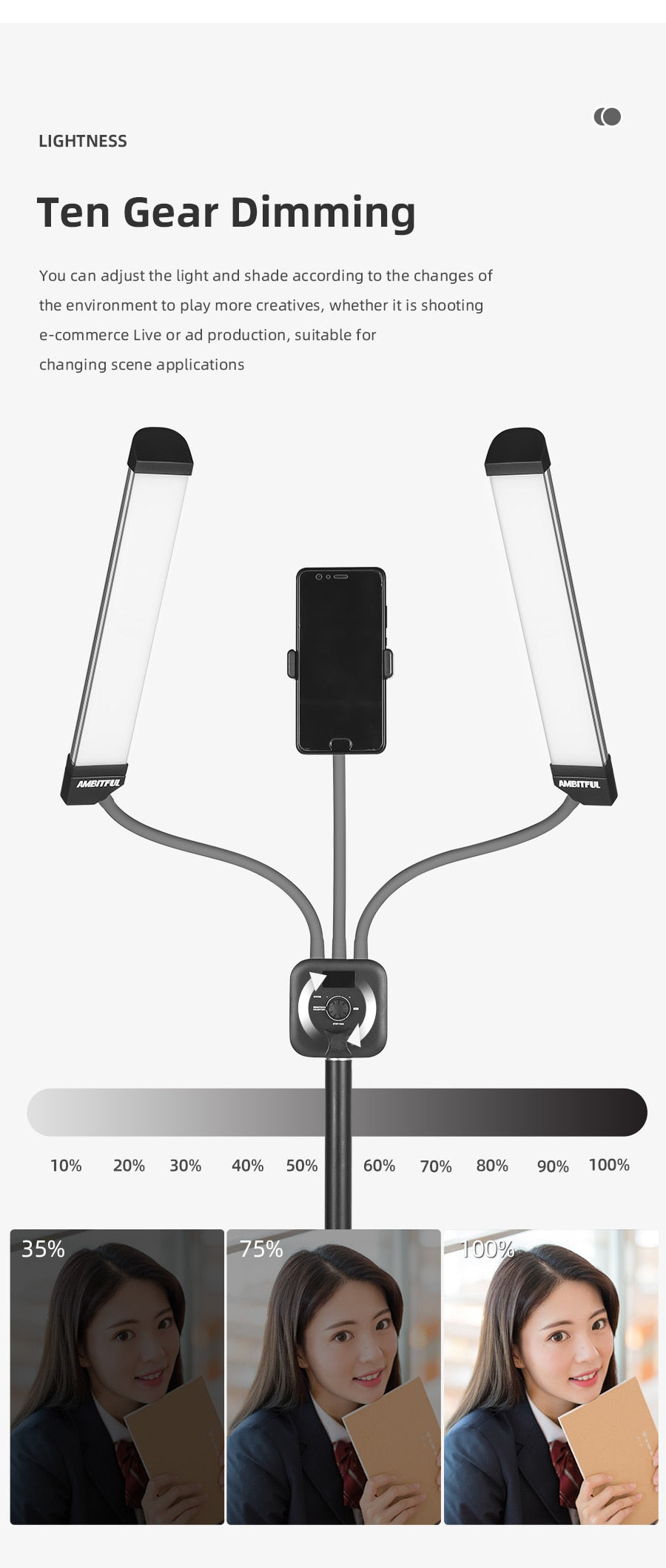 AMBITFUL AL-20 3000K-6000K 40W Double Arms Fill LED Light Long Strips LED Light with LCD Screen for Photo Studio Live Broadcast