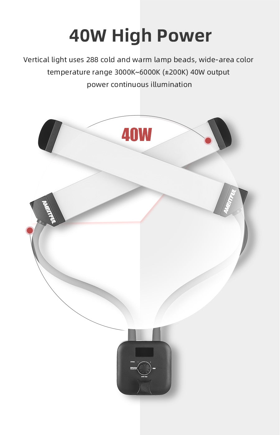 AMBITFUL AL-20 3000K-6000K 40W Double Arms Fill LED Light Long Strips LED Light with LCD Screen for Photo Studio Live Broadcast