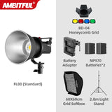 AMBITFUL FL80 80W 5600K LED Video Light Version 2 Daylight Balanced CRI96 TLCI 95+ 5 Pre-Programmed Lighting Effect Bowens Mount  fl 80