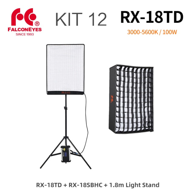 Falcon Eyes 100W LED Photo Video Light Portable LED Photo Light 504pcs Flexible LED Light RX-18TD with Diffuser + Light Stand