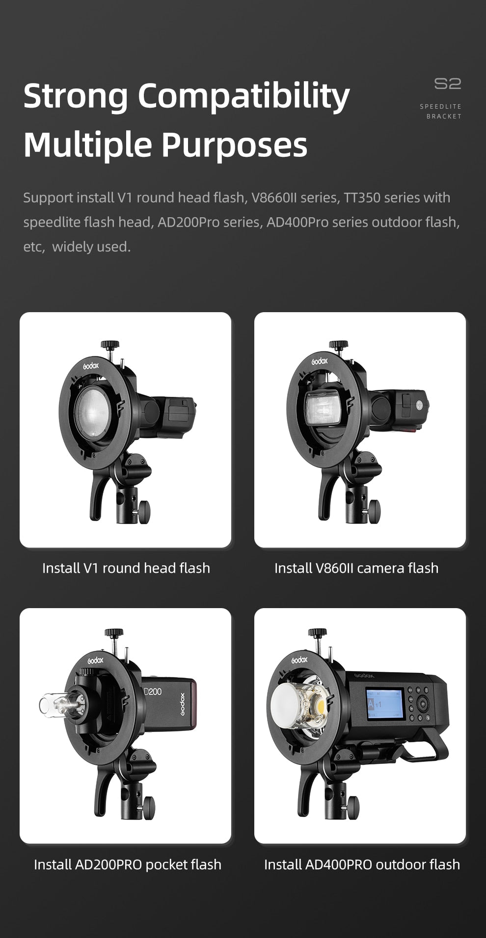 Godox S2 Bowens Mount Flash S-type Holder Bracket for Godox V1 V860II AD200 AD400PRO Speedlite Flash Snoot Softbox