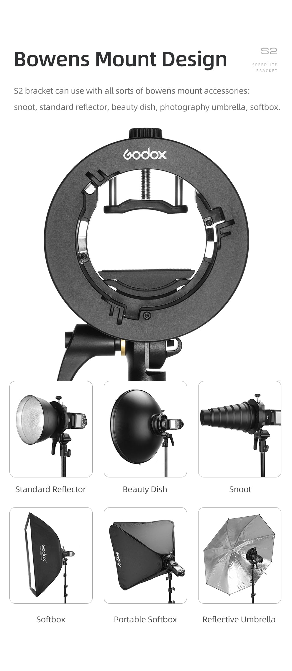 Godox S2 Bowens Mount Flash S-type Holder Bracket for Godox V1 V860II AD200 AD400PRO Speedlite Flash Snoot Softbox