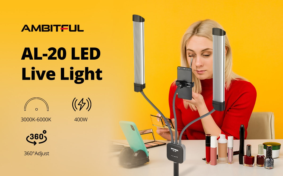 AMBITFUL AL-20 3000K-6000K 40W Double Arms Fill LED Light Long Strips LED Light with LCD Screen for Photo Studio Live Broadcast
