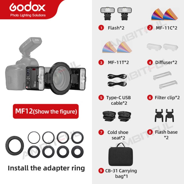 Godox MF12 MF12-K2 Macro Flash 2 Light Kit Mini Speedlite built-in Godox X System TTL Flash + Color Filter for Macro Shots