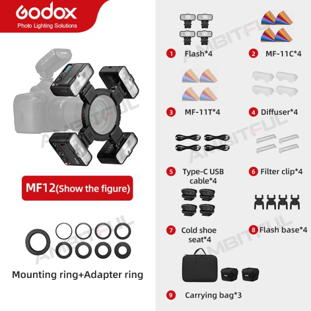 Godox MF12 MF12-K2 Macro Flash 2 Light Kit Mini Speedlite built-in Godox X System TTL Flash + Color Filter for Macro Shots