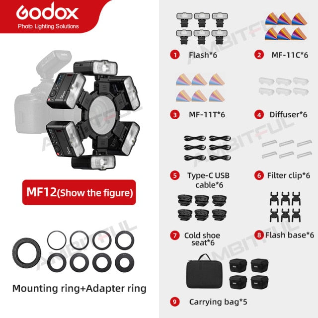 Godox MF12 MF12-K2 Macro Flash 2 Light Kit Mini Speedlite built-in Godox X System TTL Flash + Color Filter for Macro Shots