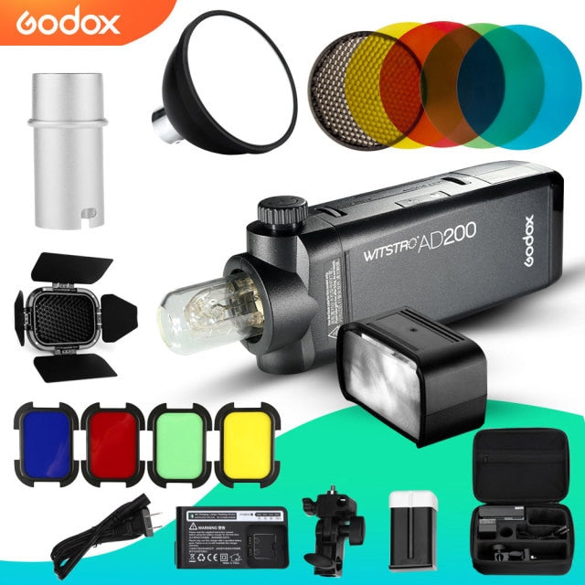Godox AD200 Speedlite Flash Kit 200Ws 2.4G TTL Pocket Flash Strobe 1/8000 HSS 2900mAh Lithimu Battery and Bare Bulb,BD-07