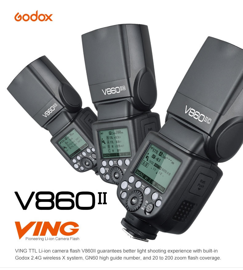 Godox V860II-C/N/S/F/O GN60 2.4G TTL HSS 1/8000 Without VB18 Battery Camera Speedlite Flash for Canon Nikon Sony Fuji Olympus