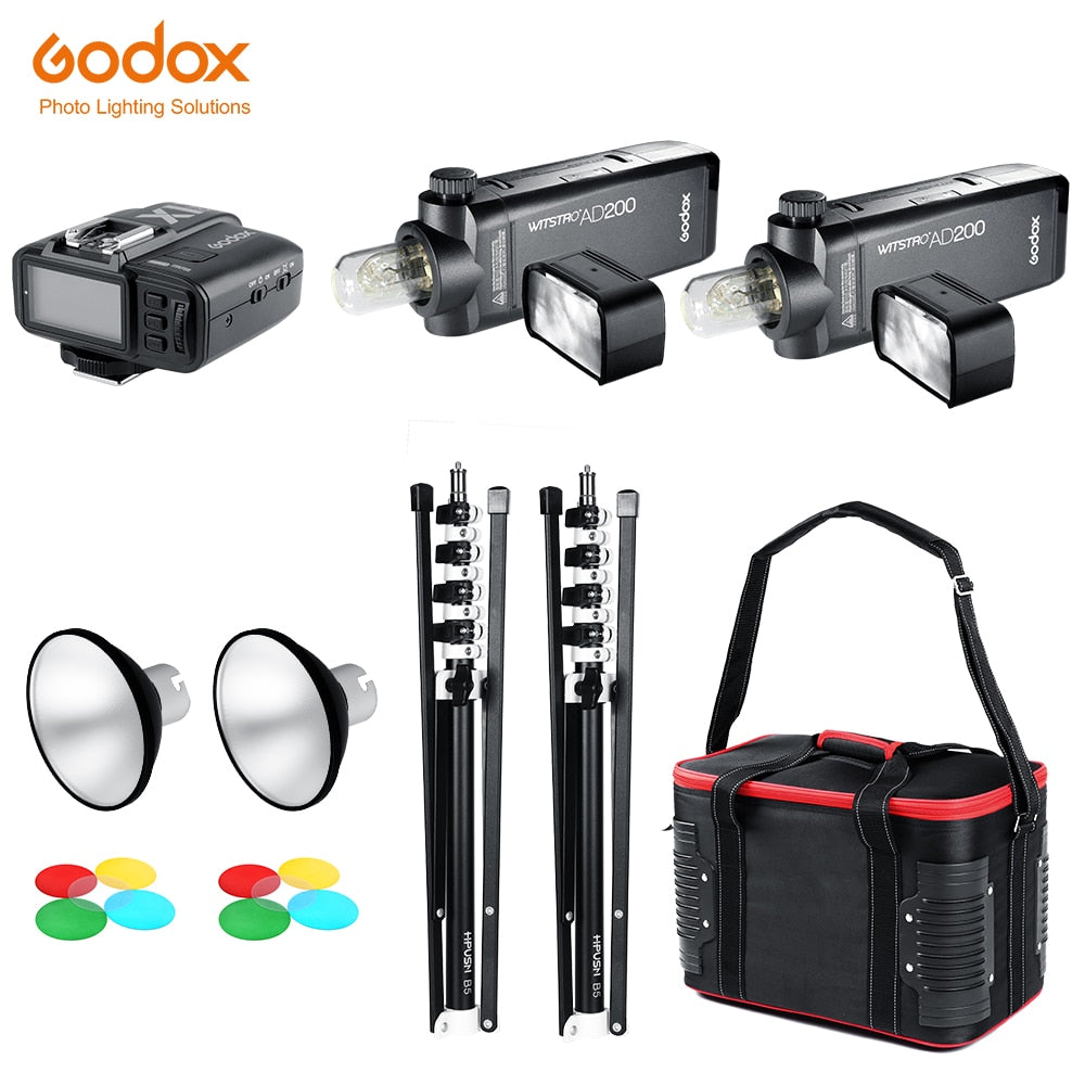 GODOX 2x AD200 TTL 2.4G HSS Flash Light + X1 Trigger + 2x AD-M Standard Reflector + 2x Collapsible Light Stand + Carry Barry