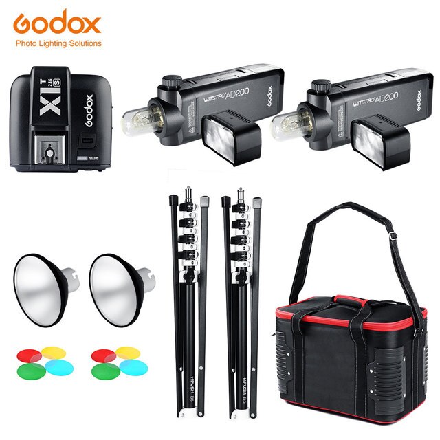 GODOX 2x AD200 TTL 2.4G HSS Flash Light + X1 Trigger + 2x AD-M Standard Reflector + 2x Collapsible Light Stand + Carry Barry