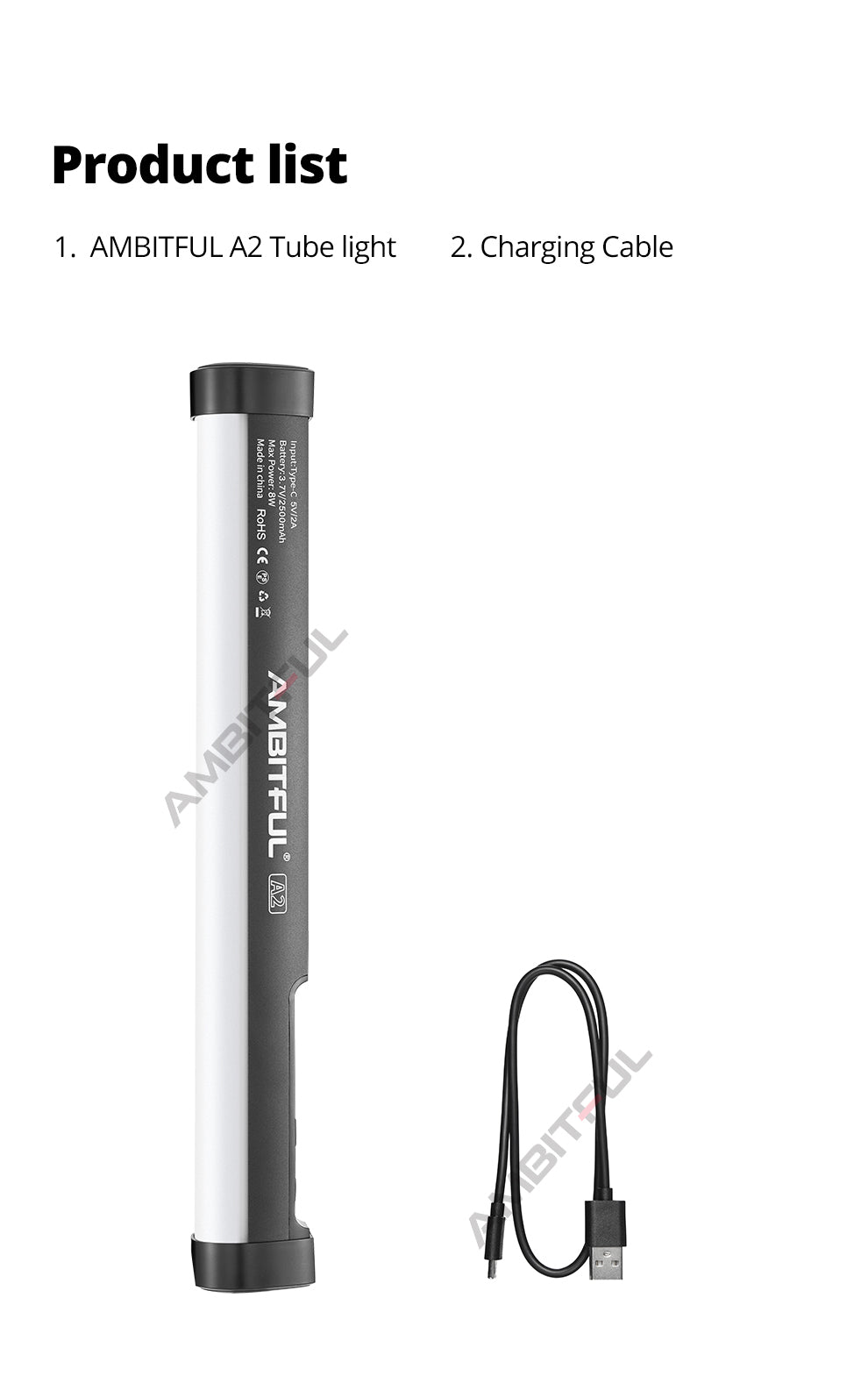AMBITFUL A2 RGB 2500-8500K RGB LED Video Stick Tube Light, CRI 95+ TLCI 97 +,Built-in APP Lithium Battery Magnetic Function