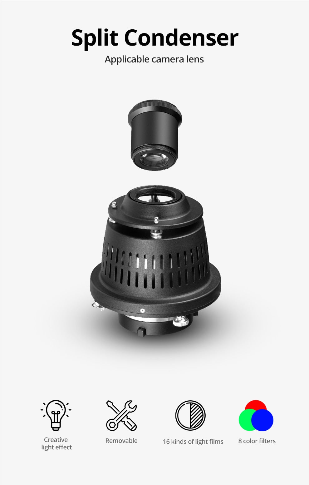 AMBITFUL AL-16 PRO Bowens Mount Split Focalize Conical Snoot Optical Condenser Art Special Effects Shaped Beam Light Cylinder