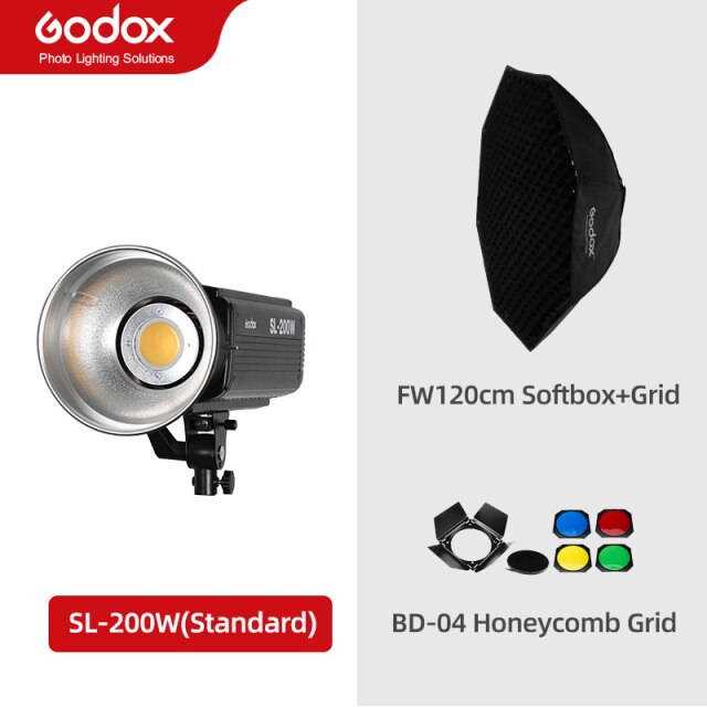Godox SL-200W SL200W 5600K White Version LCD Panel Continuous LED Video Light + 70x100cm softbox + 2.8m Light Stand + Barn Door