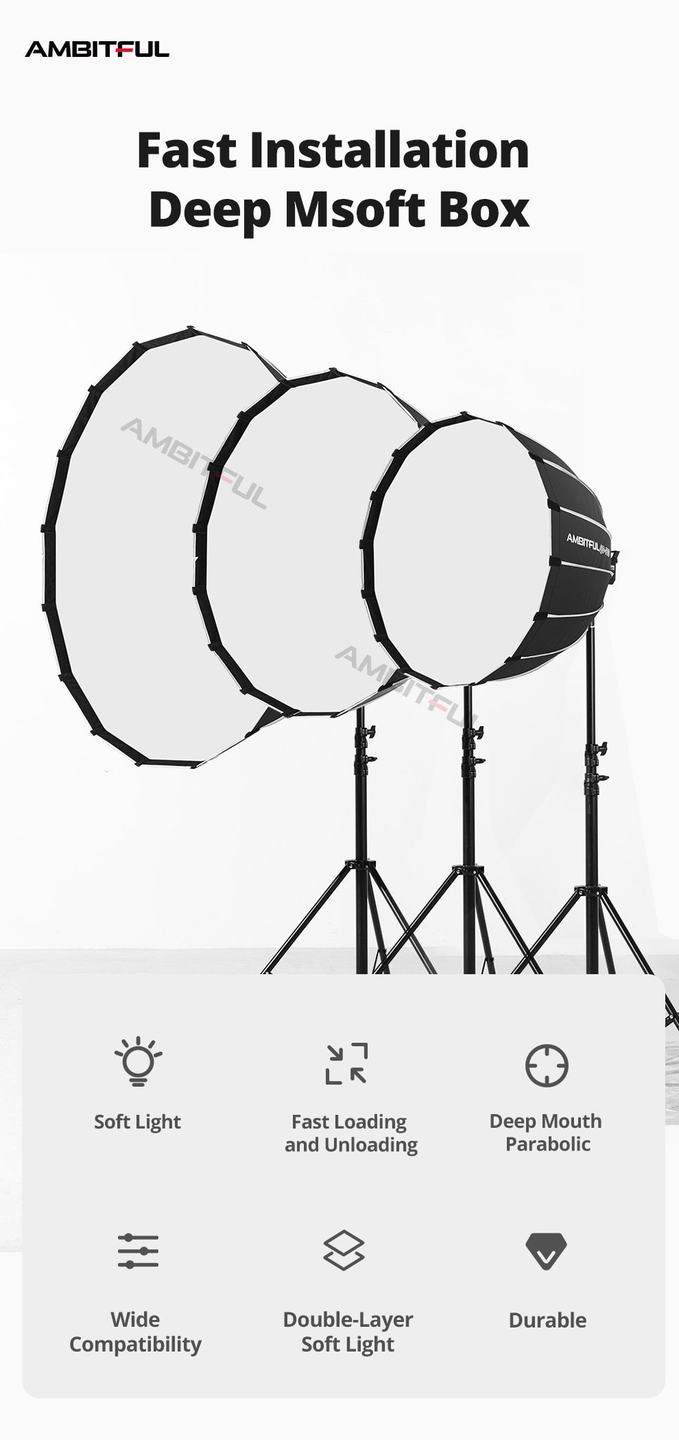 AMBITFUL QD-P70 70CM QD-P90 90CM QD-P120 120CM Quickly Release Parabolic Deep Softbox Grid for Bowens Elincrhom Profoto Mount