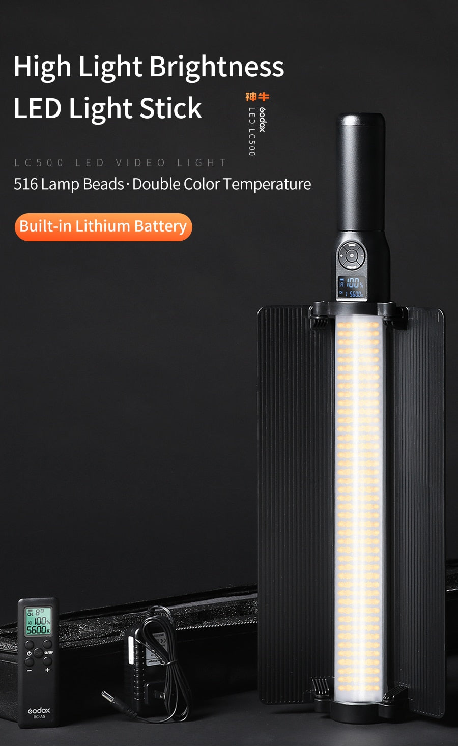 Godox LC500 3300K-5600K Adjustable Handle LED Light Stick Built-in lithiunm Battery+Remote control+AC Power Charger