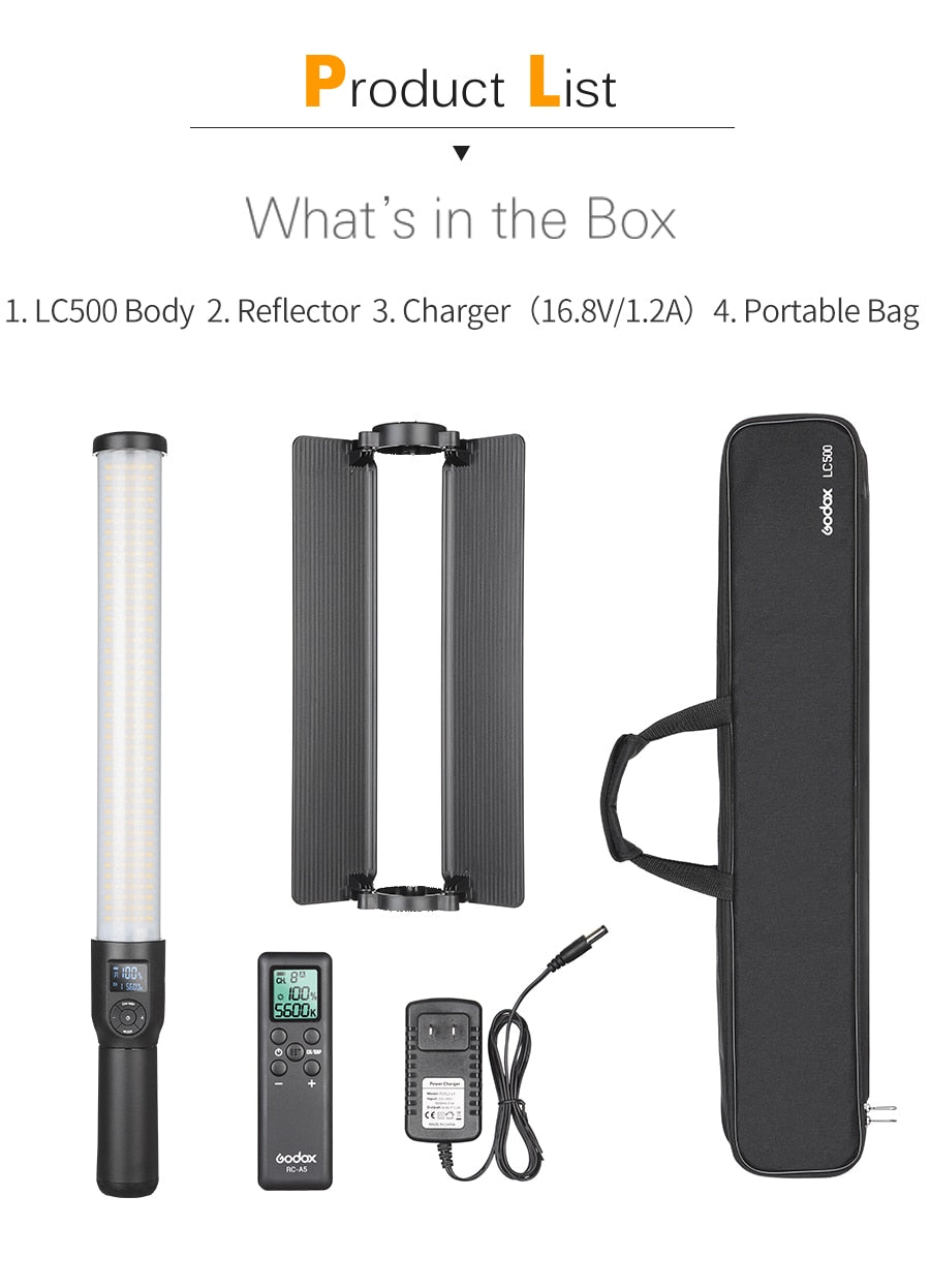 Godox LC500 3300K-5600K Adjustable Handle LED Light Stick Built-in lithiunm Battery+Remote control+AC Power Charger