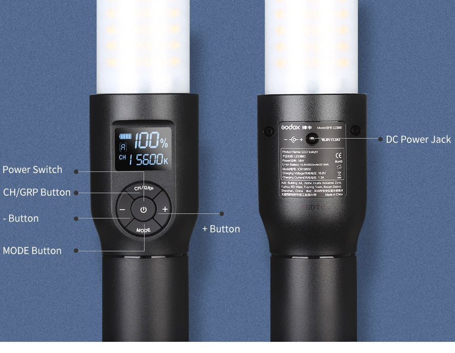 Godox LC500 3300K-5600K Adjustable Handle LED Light Stick Built-in lithiunm Battery+Remote control+AC Power Charger