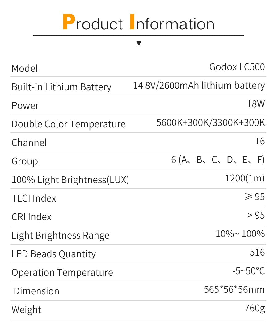 Godox LC500 3300K-5600K Adjustable Handle LED Light Stick Built-in lithiunm Battery+Remote control+AC Power Charger
