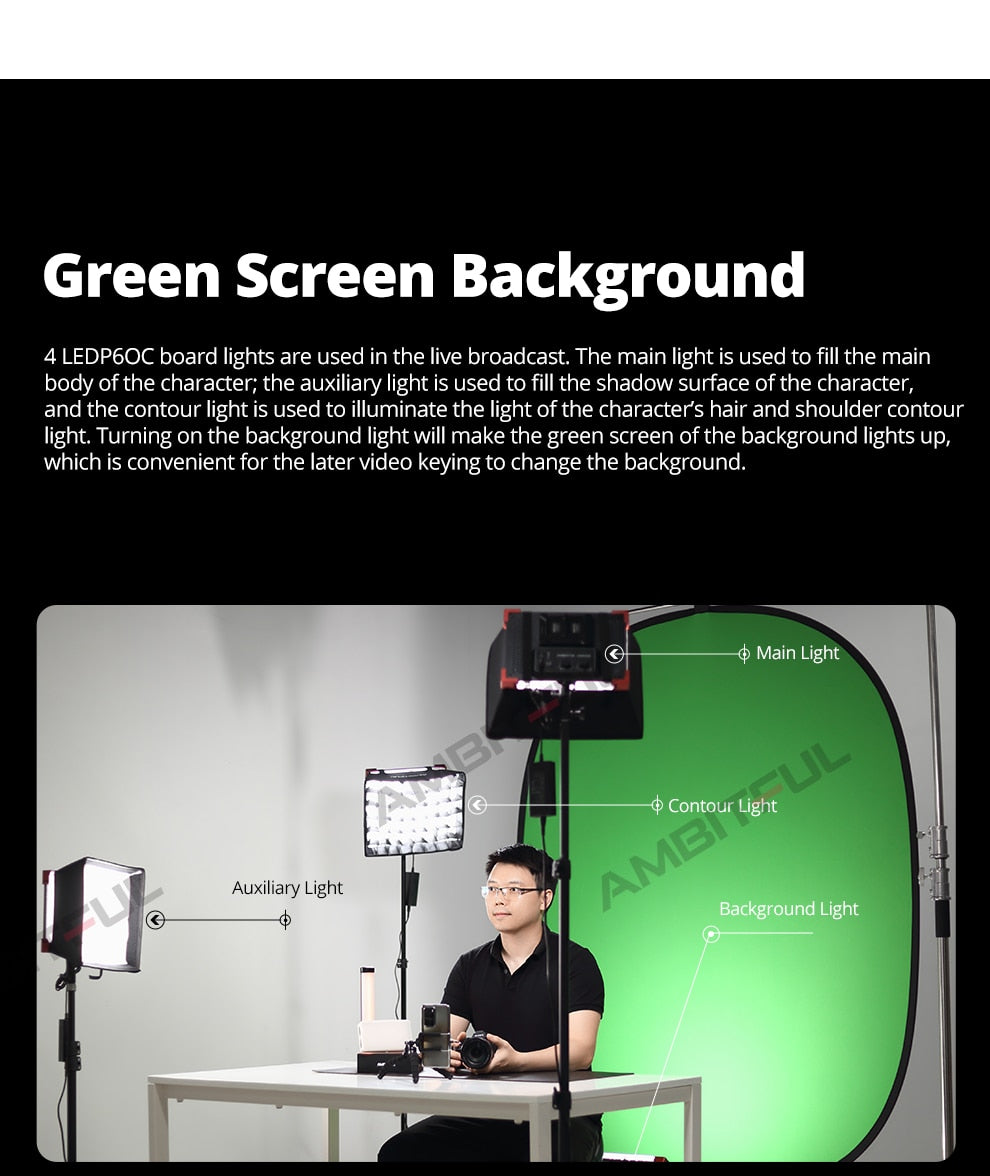 AMBITFUL LEDP60C Ultra-thin 60W 3200-5600k LED Lamp Video Light Panel Lamp for Video Beauty Tiktok Youtube Live
