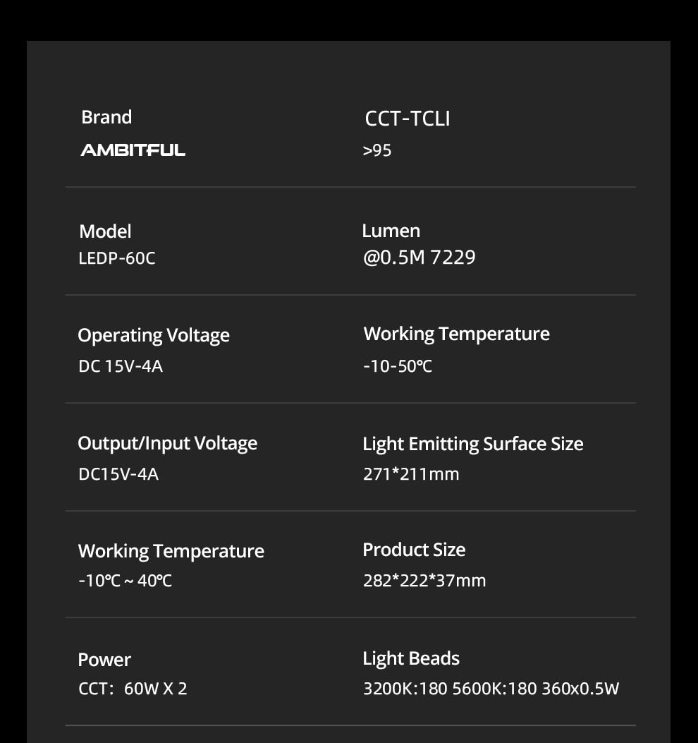 AMBITFUL LEDP60C Ultra-thin 60W 3200-5600k LED Lamp Video Light Panel Lamp for Video Beauty Tiktok Youtube Live