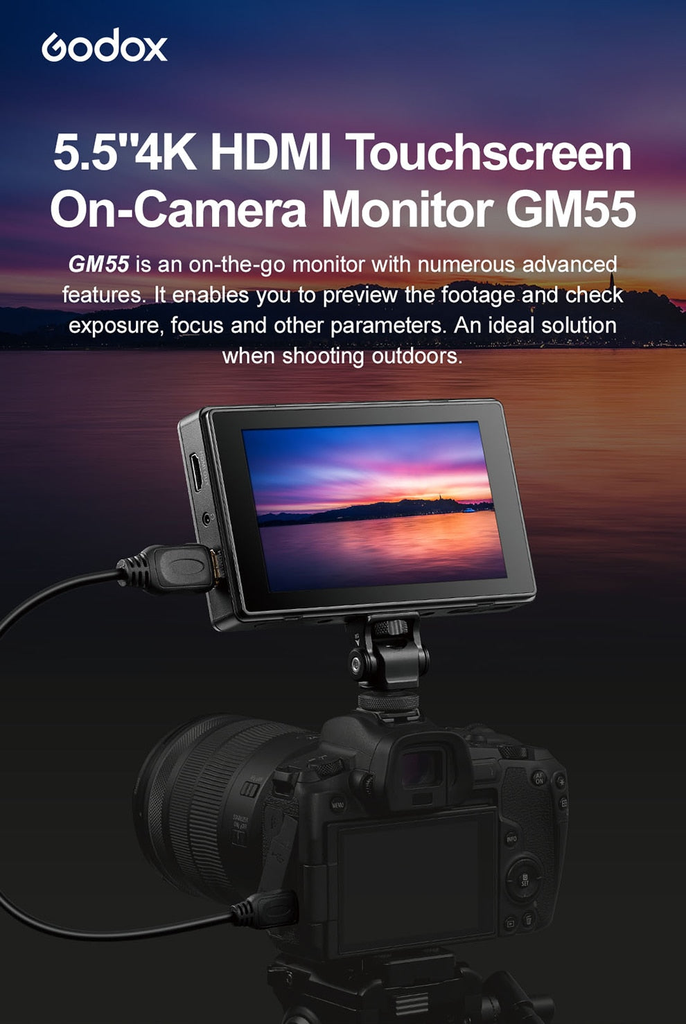 Godox GM55 4K Monitor 5.5 Inch DSLR 3D LUT Touch Screen IPS FHD 1920x1080 Video 4K HDMI Field Monitor Dslr PK FEELWORLD F6 PLUS