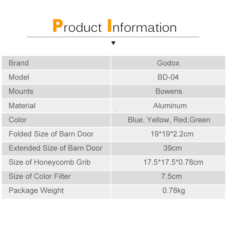 Godox BD-04 Barn Door + Honeycomb Grid + 4 Color Filter for Standard Reflector