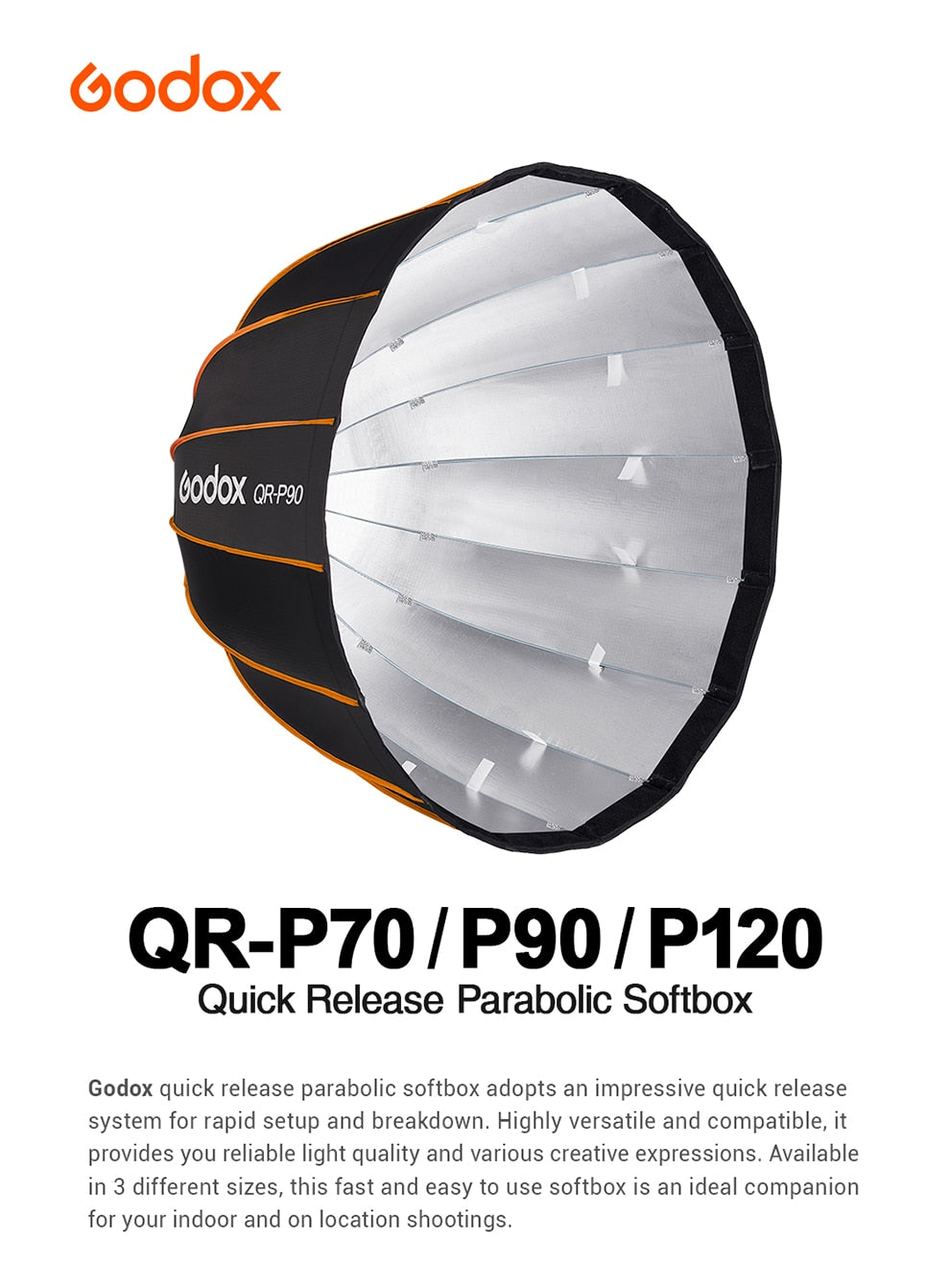 Godox QR-P70 70CM QR-P90 90CM QR-P120 120CM Quickly Release Parabolic Deep Softbox +Honeycomb Grid for Bowens Mount Studio Flash