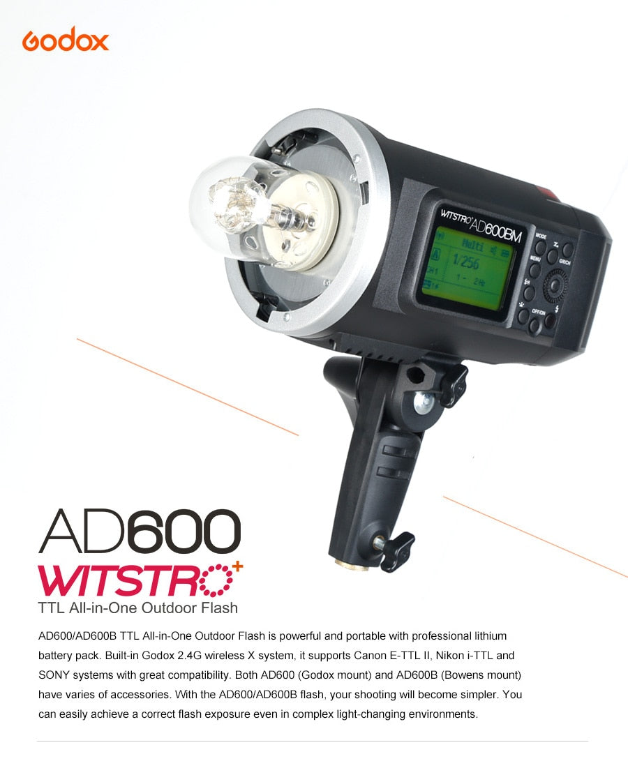 Godox Wistro AD600BM Bowens Mount HSS 1/8000s Outdoor Flash with 2.4G X System Build-in 8700mAh Li-on Battery Free Bag