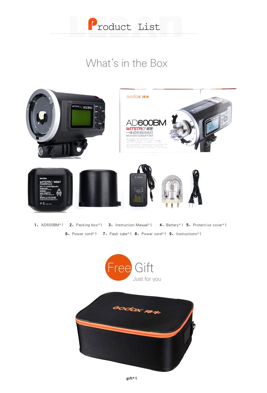 Godox Wistro AD600BM Bowens Mount HSS 1/8000s Outdoor Flash with 2.4G X System Build-in 8700mAh Li-on Battery Free Bag