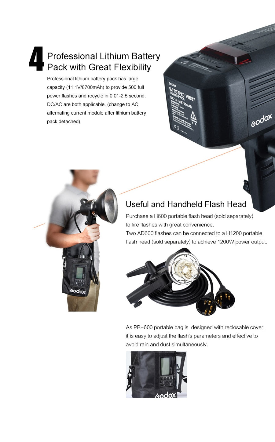 Godox Wistro AD600BM Bowens Mount HSS 1/8000s Outdoor Flash with 2.4G X System Build-in 8700mAh Li-on Battery Free Bag