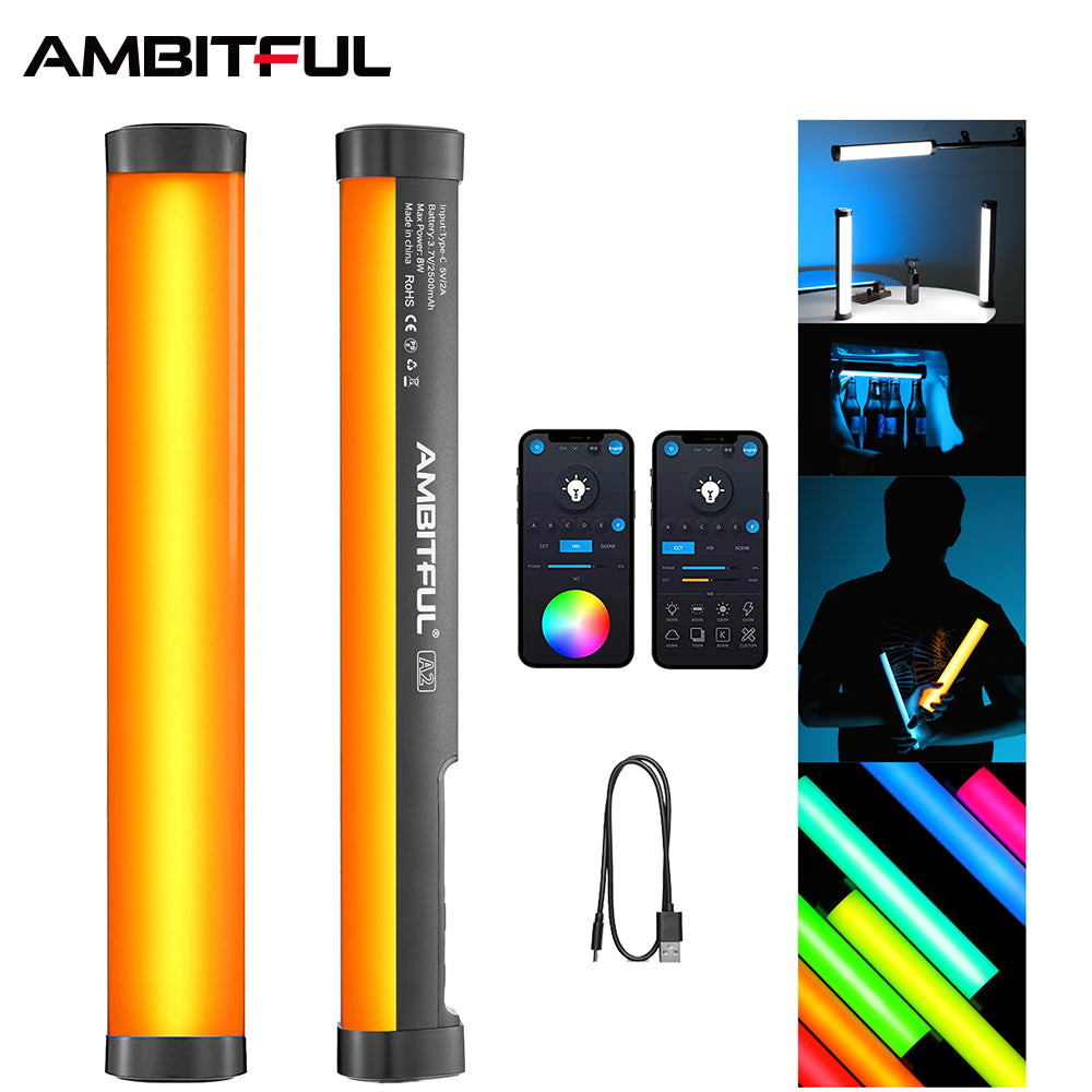 AMBITFUL A2 RGB 2500-8500K RGB LED Video Stick Tube Light, CRI 95+ TLCI 97 +,Built-in APP Lithium Battery Magnetic Function