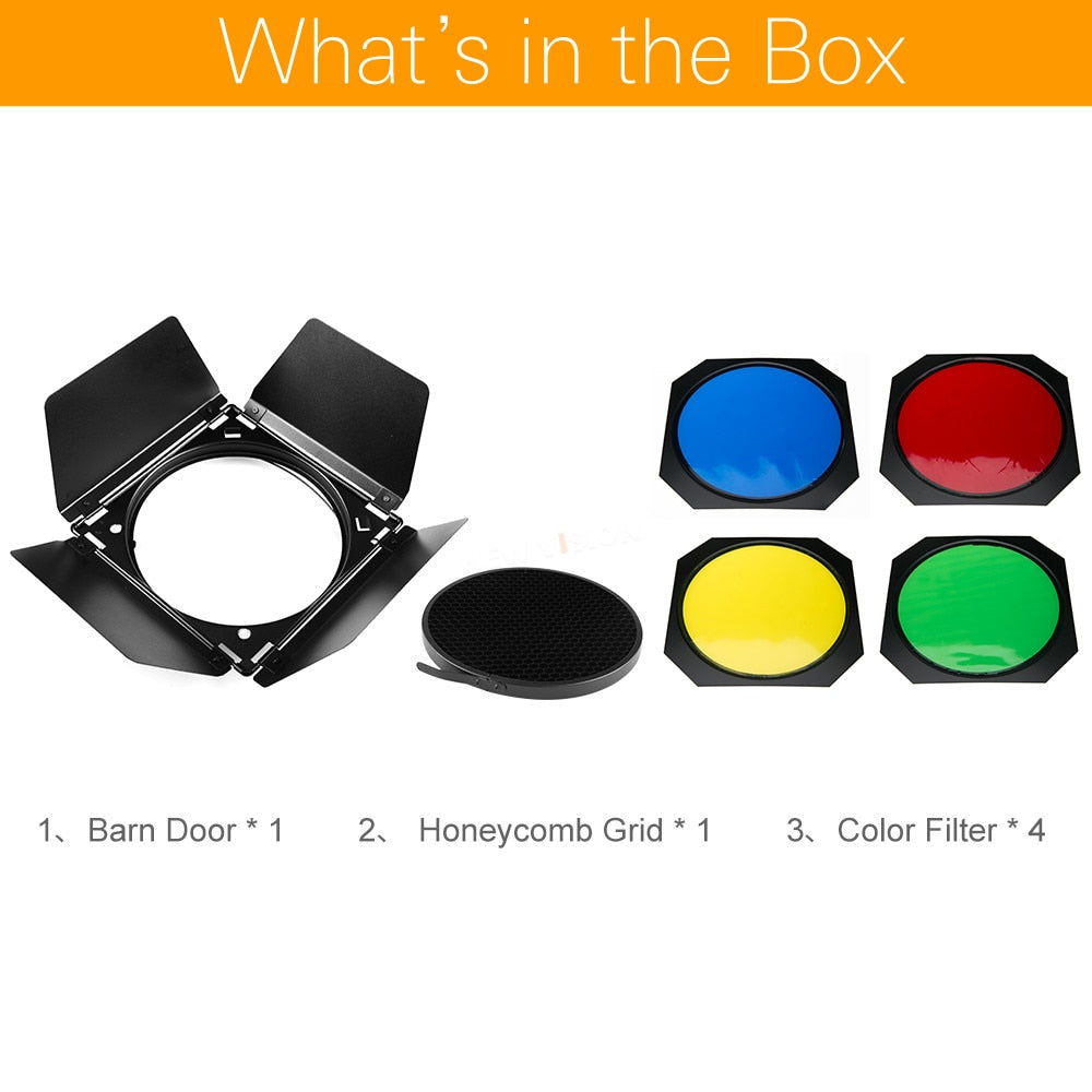 Godox BD-04 Barn Door + Honeycomb Grid + 4 Color Filter for Standard Reflector
